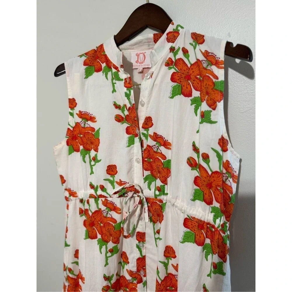 Victoria‎ Dunn White Orange Floral Tiered Maxi Dress Mandarin Collar Medium